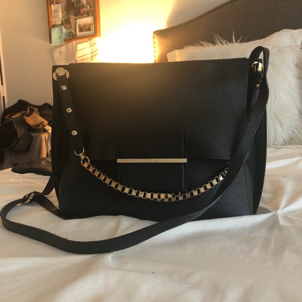Furla Black Messenger Bag with gold chain